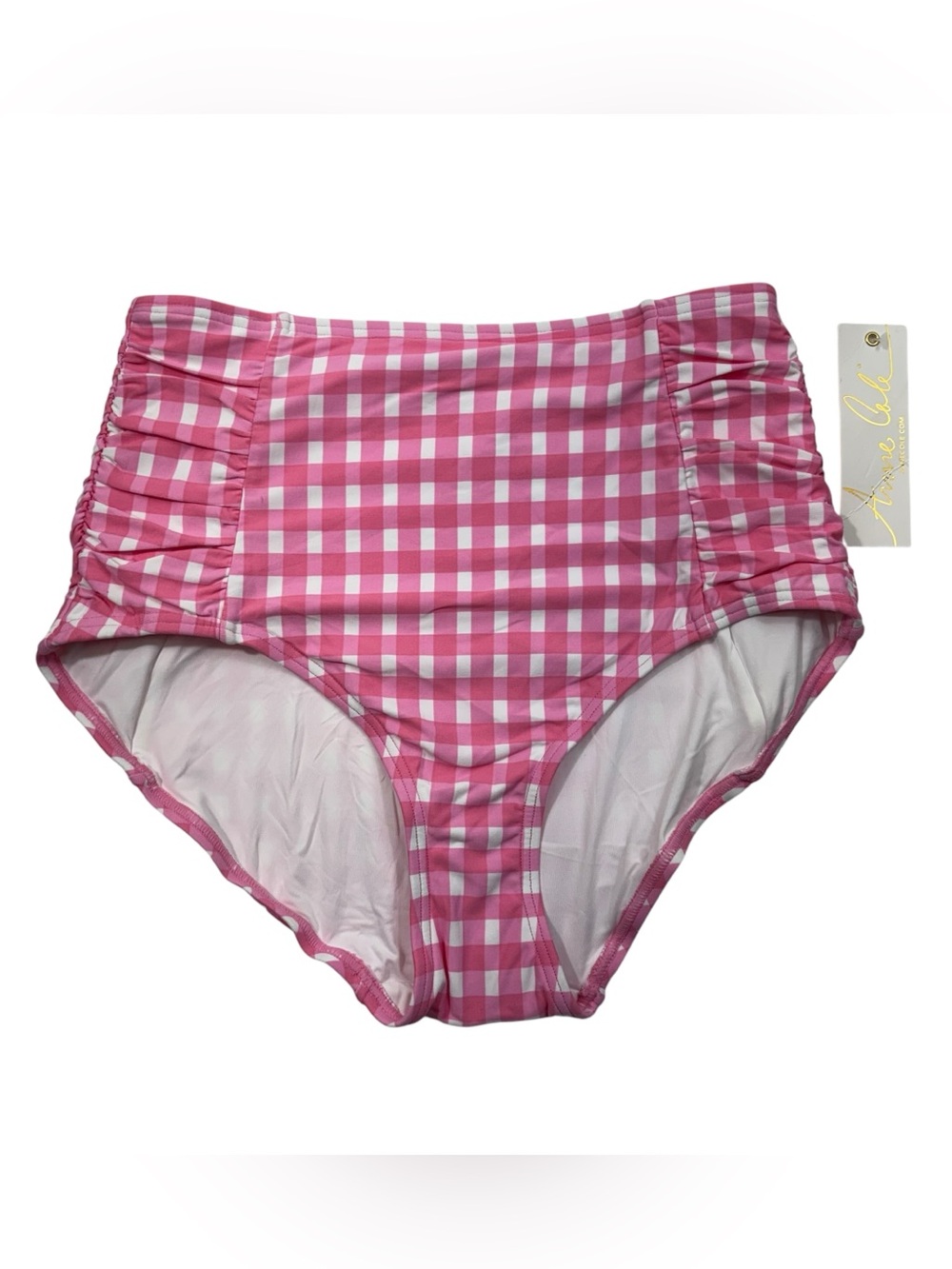 Anne Cole Pink White Gingham Plaid Ruched High Waisted Swim Bottoms NWT NEW M